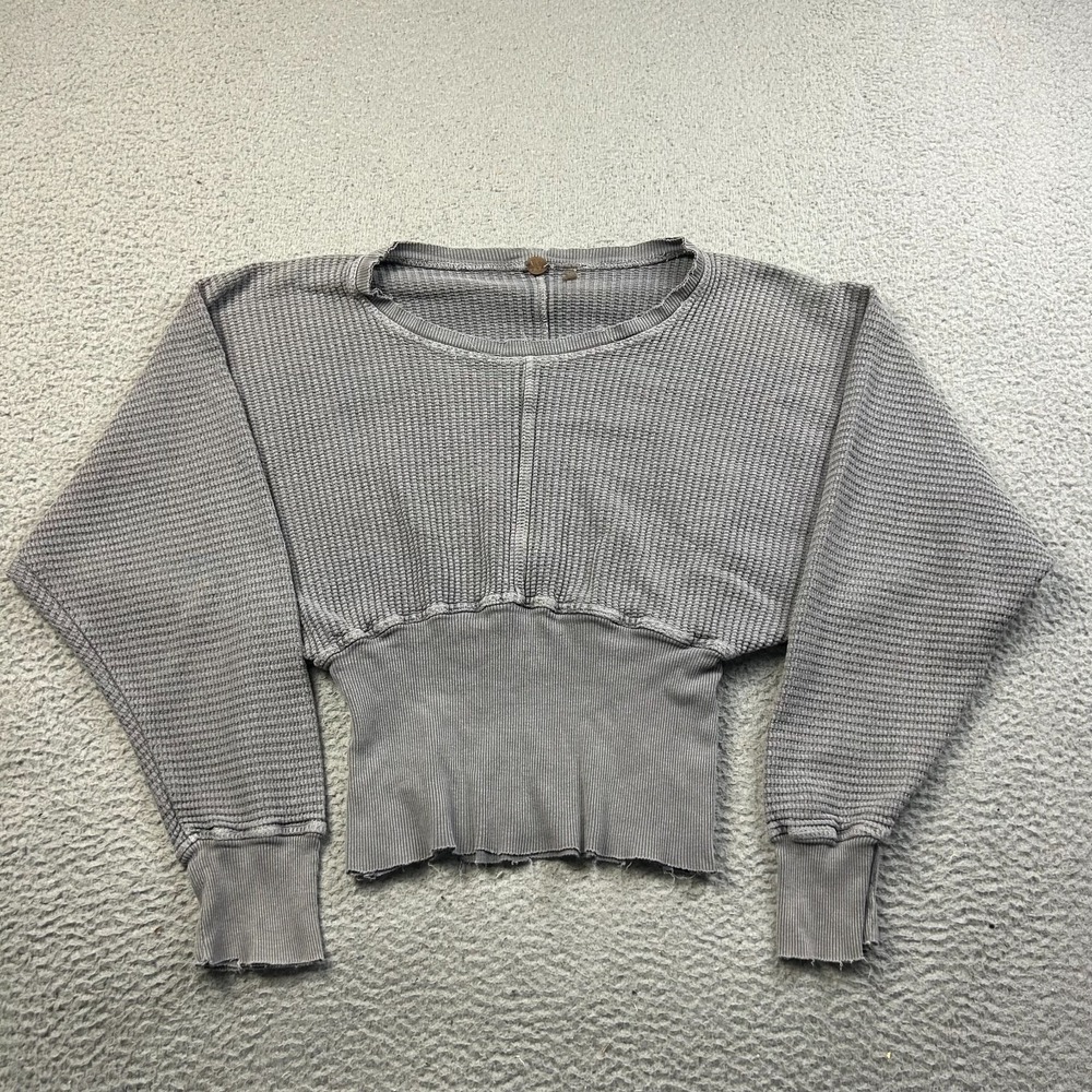 Free People Womens Gray Thermal Top Waffle Knit Cropped Corset Waist Cuffs Large